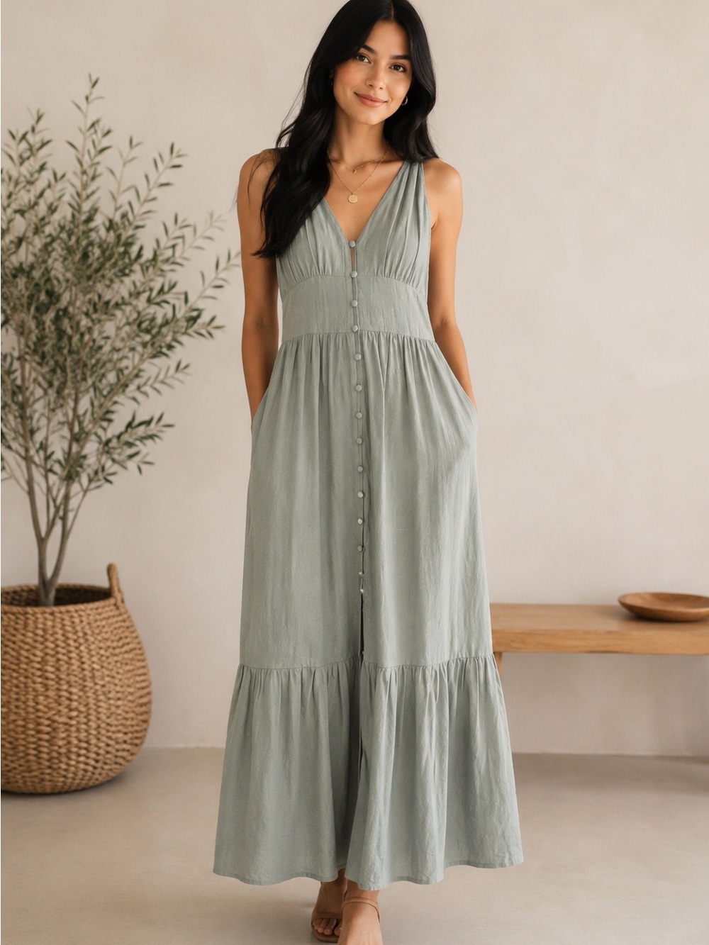 FOREVER 21 Sage Green Rayon Blend Button-Down Maxi Dress Size Juniors Small